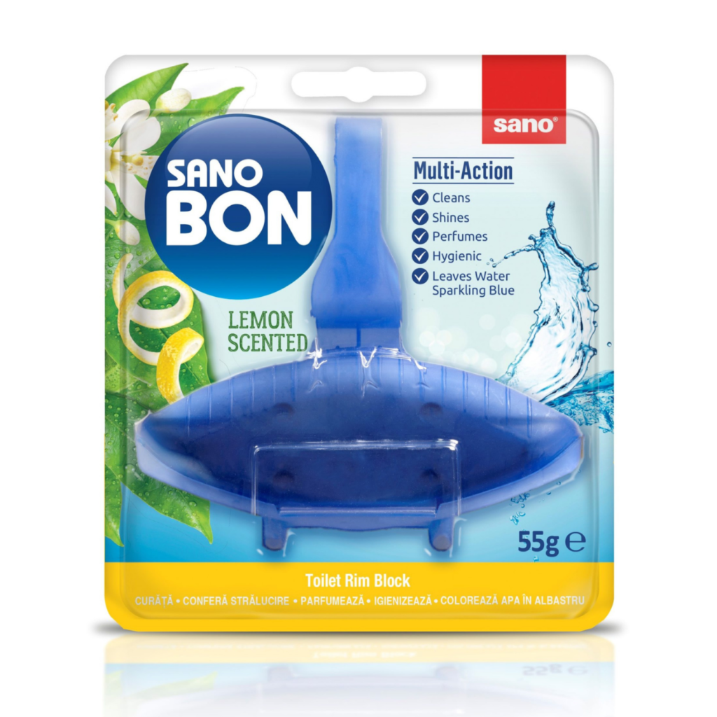 Sano BON RIM BLOCK LEMON 5 w 1 – Zawieszka do WC - Opakowanie 55g