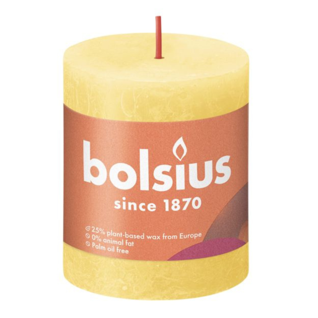 Bolsius Świeca Rustic Shine 80/68 - Opakowanie - 1 szt. - Ean Kartonu 8717847154491 - kolor SŁONECZNY ŻÓŁTY