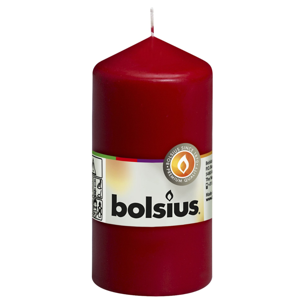 Bolsius Pieńkowa 120/58 - Opakowanie - 1 szt. - Ean Kartonu 8717847026538 - kolor BORDOWA